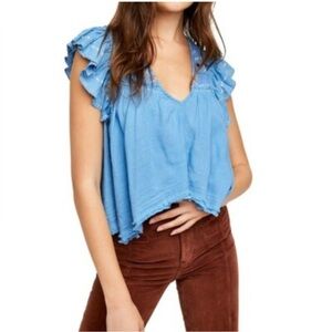 Free People Blue Flutter Sleeve Ruffled Blouse